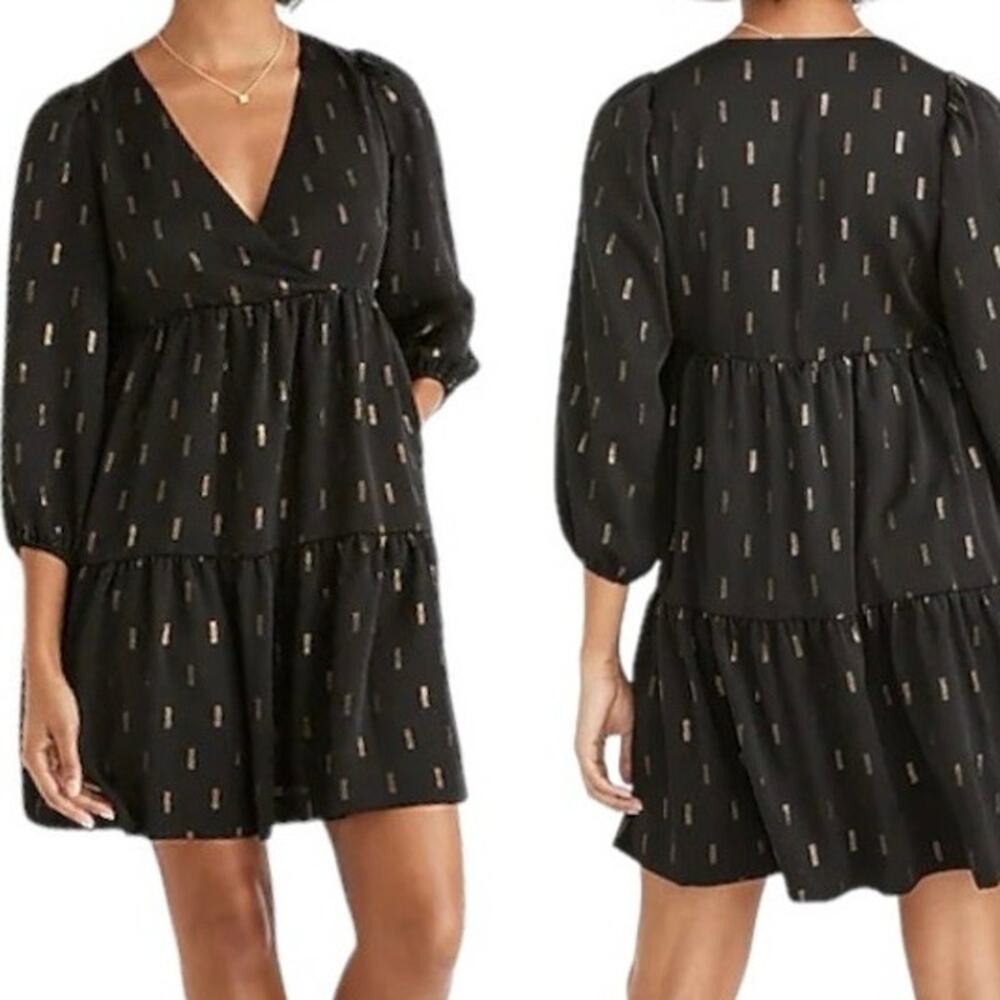 Madewell Metallic Jacquard Faux Wrap Tiered Mini Dress XS whimsical fairy